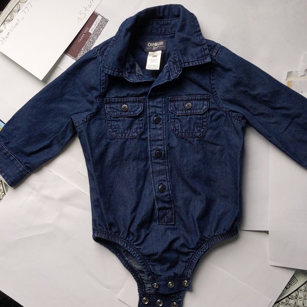 OshKosh B gosh Baby classic blue denim onesie bodysuit 18 months Long Sl…